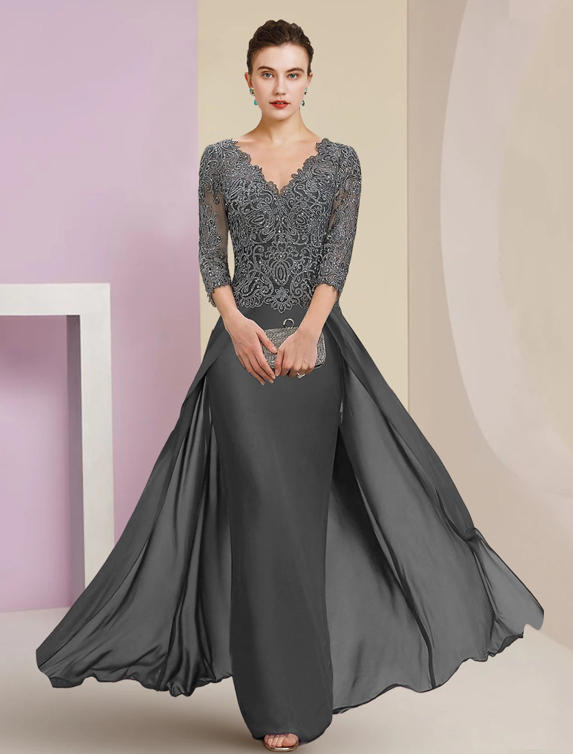 Sheath / Column Mother of the Bride Dress Formal Wedding Guest Elegant V Neck Floor Length Chiffon Lace 3/4 Length Sleeve