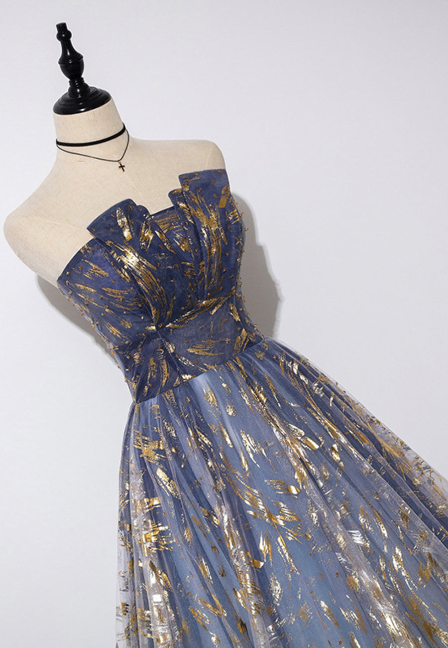 A-Line Strapless Tulle Long Prom Dresses Cute Evening Party Dresses Sparkly