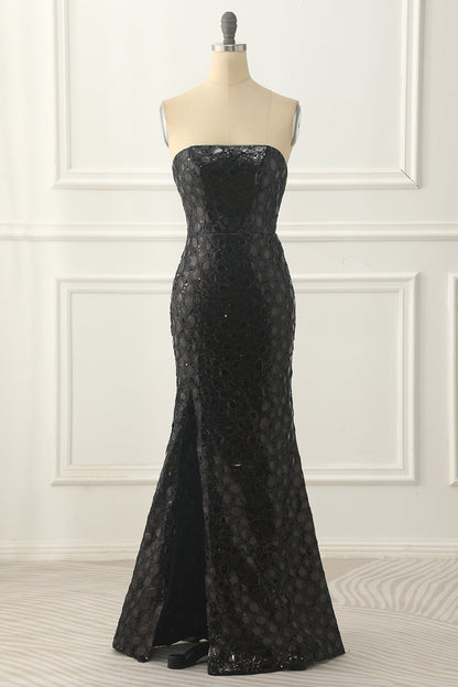 Black Sheath Strapless Sequins Prom Dress Off Shoulder Sexy