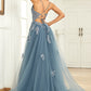 A Line Spaghetti Straps Grey Blue Long Prom Dress with Appliques Sexy