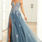 A Line Spaghetti Straps Grey Blue Long Prom Dress with Appliques Sexy