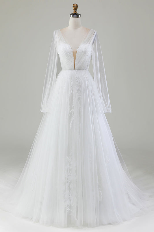 A-Line V-Neck Tulle Sweep Train Wedding Dress With Long Sleeves Sexy