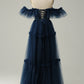 Navy A-Line Off the Shoulder Sweetheart Tulle Long Prom Dress Floor Length