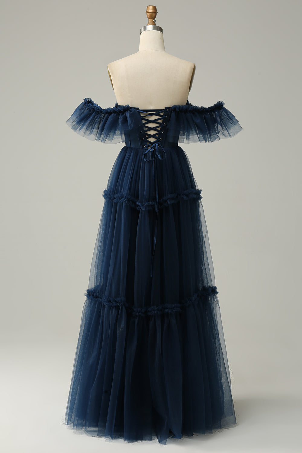 Navy A-Line Off the Shoulder Sweetheart Tulle Long Prom Dress Floor Length