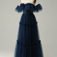 Navy A-Line Off the Shoulder Sweetheart Tulle Long Prom Dress Floor Length