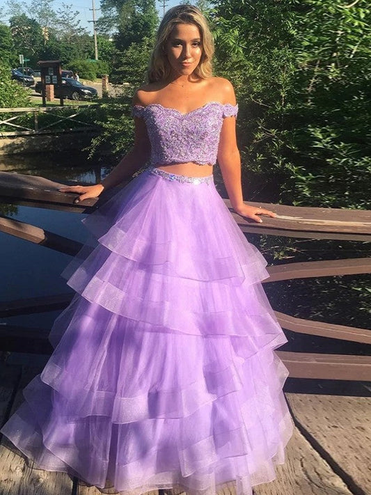 A-Line Princess Tulle Layers Off-the-Shoulder Sleeveless Floor-Length Two Piece Dresses Long