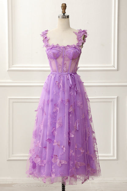 Purple A-Line Corset Knee-Length Prom Dress With Butterflies Beautiful