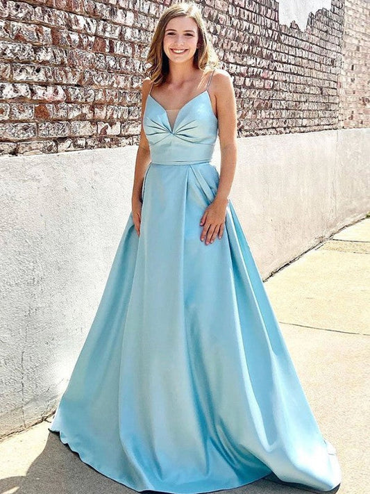 A-Line Princess Satin Ruched V-neck Sleeveless Prom Dresses Pure Color