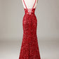 Sparkly Red Corset Long Mirror Prom Dress With Slit Sexy Evening Dresses