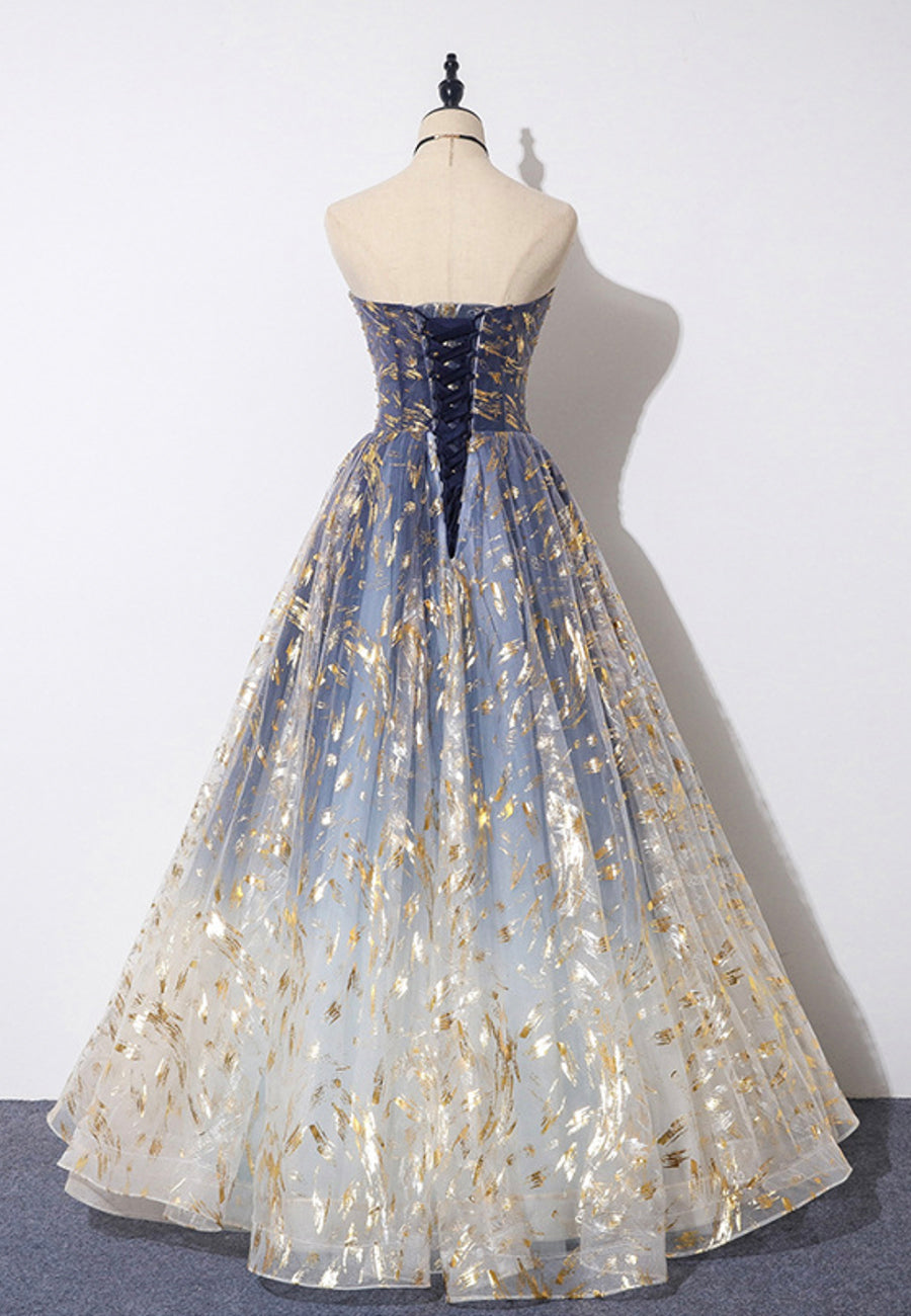 A-Line Strapless Tulle Long Prom Dresses Cute Evening Party Dresses Sparkly