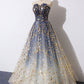 A-Line Strapless Tulle Long Prom Dresses Cute Evening Party Dresses Sparkly