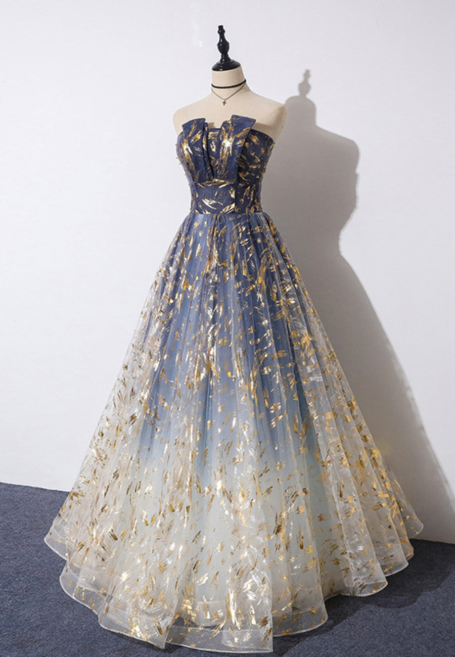 A-Line Strapless Tulle Long Prom Dresses Cute Evening Party Dresses Sparkly