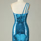 Glitter Royal Blue Sheath One Shoulder Sequins Tight Homecoming Dress Sparkly 