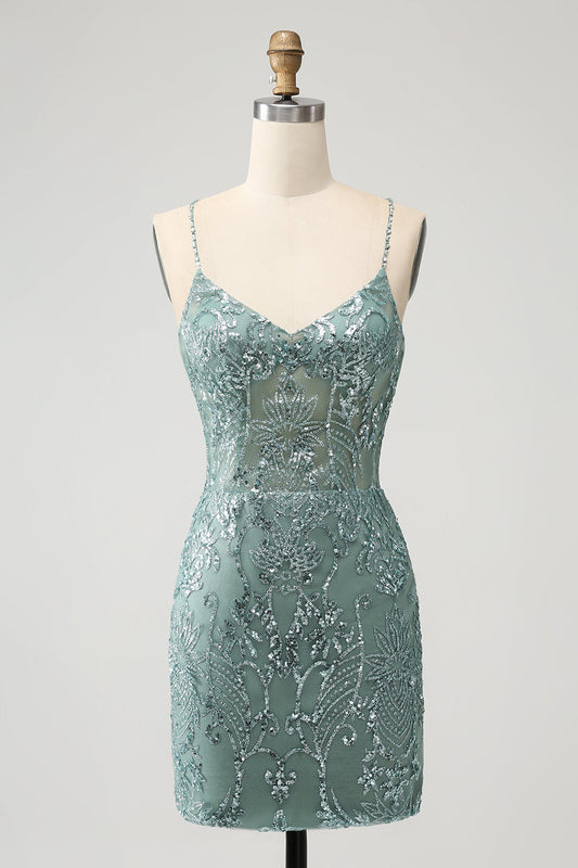 Green Bodycon Beaded Backless Short Homecoming Dress with Criss Cross Back Sexy