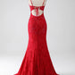 Mermaid Spaghetti Straps Beaded Lace Applique Prom Dress With Slit Long Red