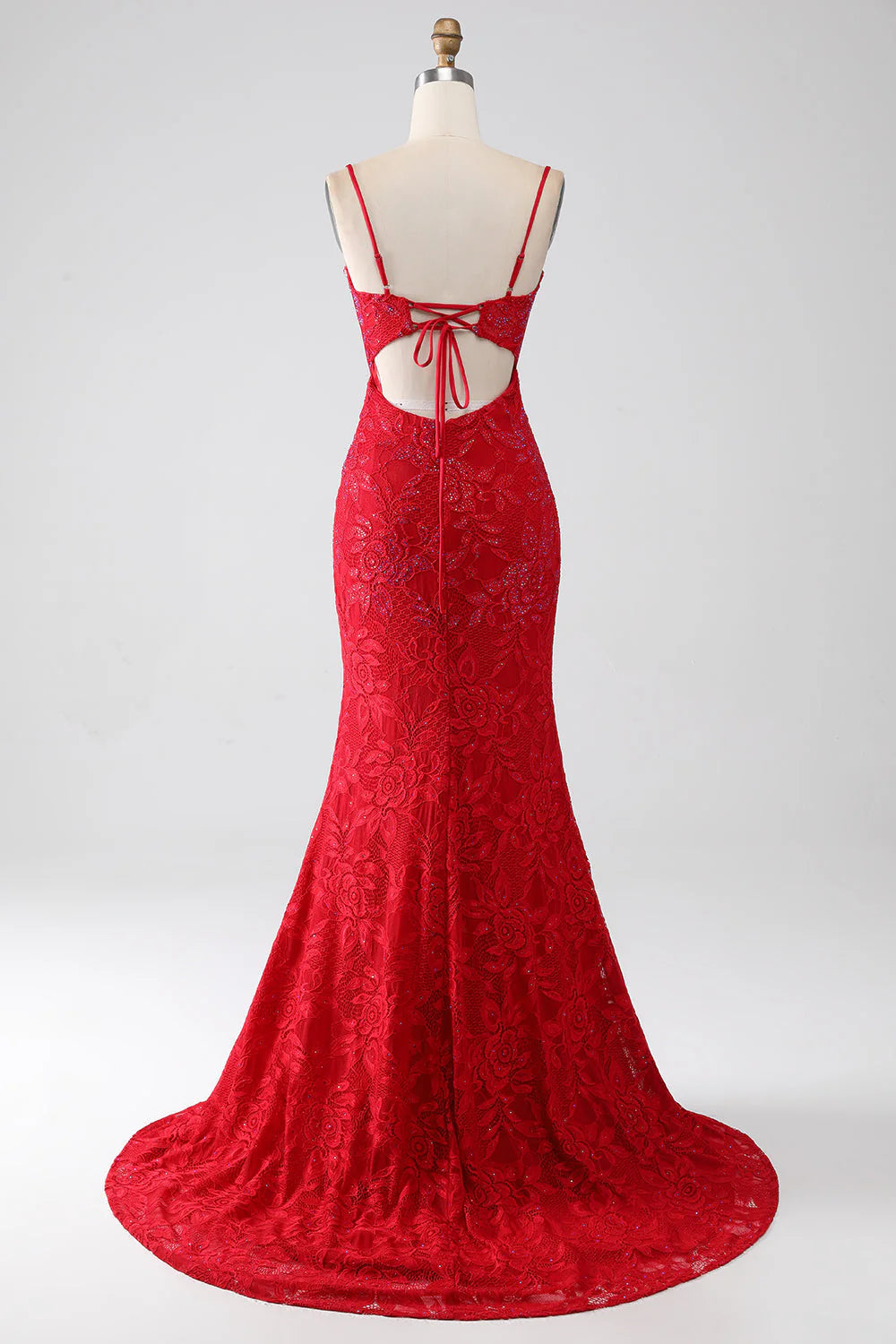 Mermaid Spaghetti Straps Beaded Lace Applique Prom Dress With Slit Long Red