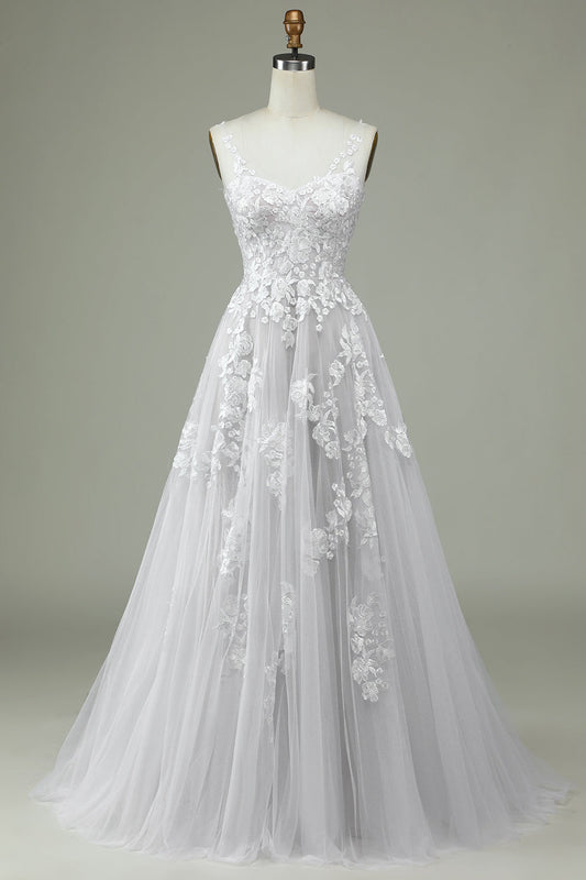 Ivory A Line Sweep Train Tulle Backless Wedding Dress with Lace Open Back