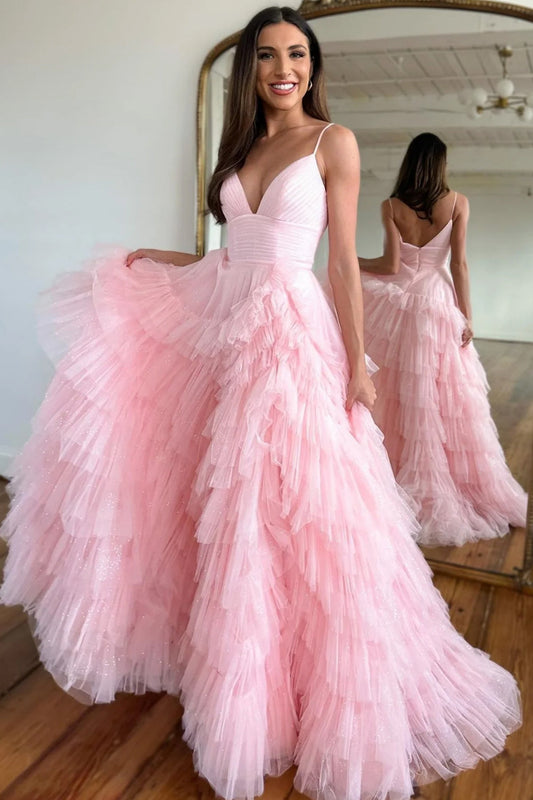 Pink A-Line Deep V Neck Tiered Long Prom Dress With Slit Sexy