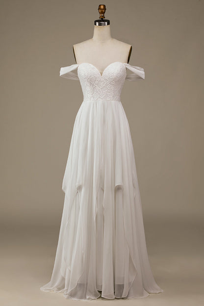 Ivory Asymmetrical Boho Chiffon Wedding Dress with Lace Off Shoulder