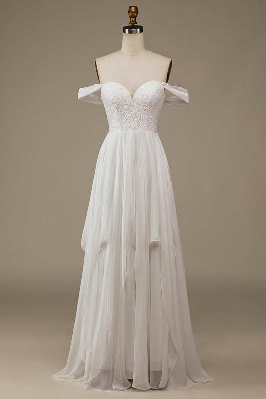 Ivory Asymmetrical Boho Chiffon Wedding Dress with Lace Off Shoulder