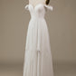 Ivory Asymmetrical Boho Chiffon Wedding Dress with Lace Off Shoulder