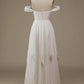 Ivory Asymmetrical Boho Chiffon Wedding Dress with Lace Off Shoulder