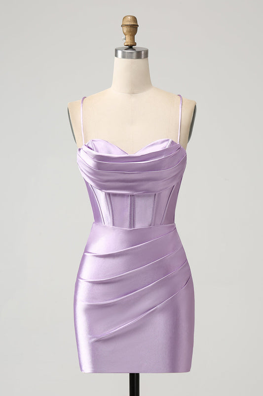 Lilac Bodycon Spaghetti Straps Corset Satin Short Homecoming Dress Pure Color