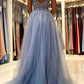 A-Line/Princess V-Neck Spaghetti Straps Long Prom Dresses With Split Side Sexy