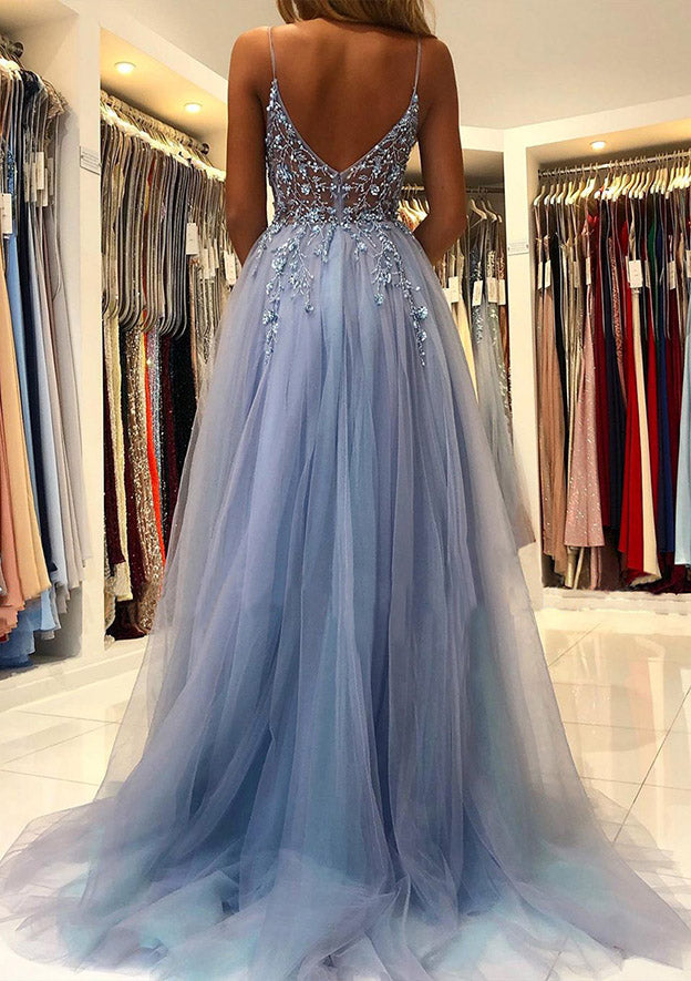 A-Line/Princess V-Neck Spaghetti Straps Long Prom Dresses With Split Side Sexy