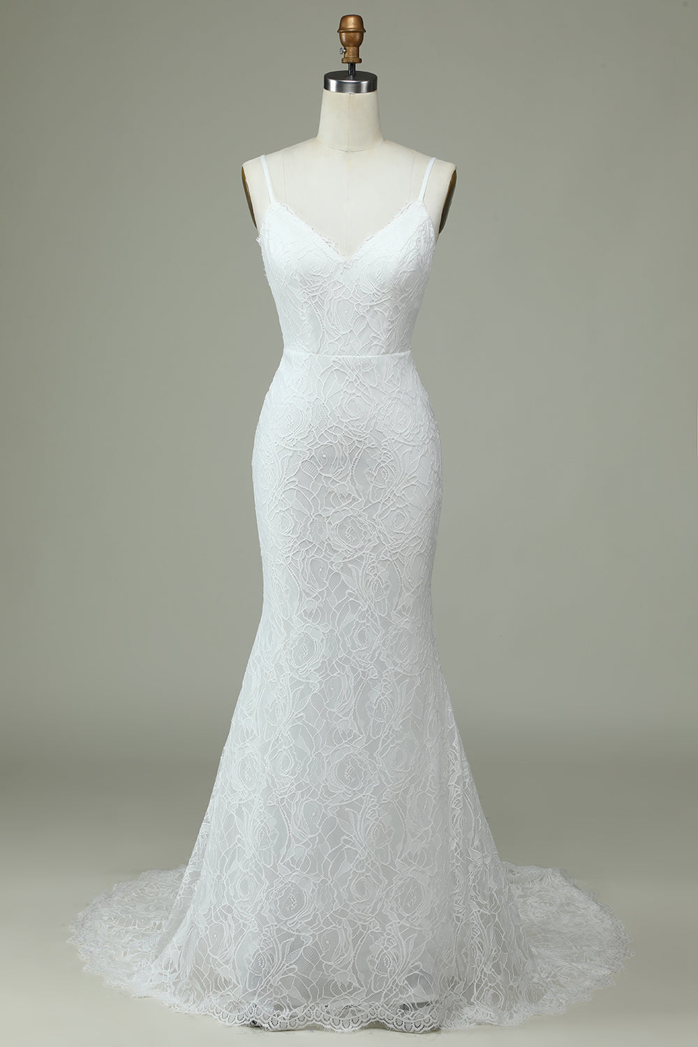 White Mermaid Spaghetti Straps Backless Wedding Dress with Lace V-neck