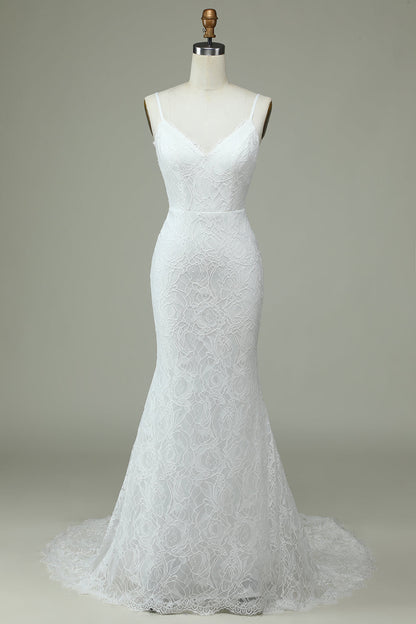 White Mermaid Spaghetti Straps Backless Wedding Dress with Lace V-neck