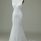 White Mermaid Spaghetti Straps Backless Wedding Dress with Lace V-neck
