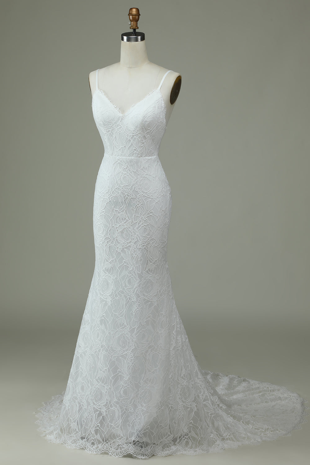 White Mermaid Spaghetti Straps Backless Wedding Dress with Lace V-neck