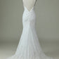 White Mermaid Spaghetti Straps Backless Wedding Dress with Lace V-neck