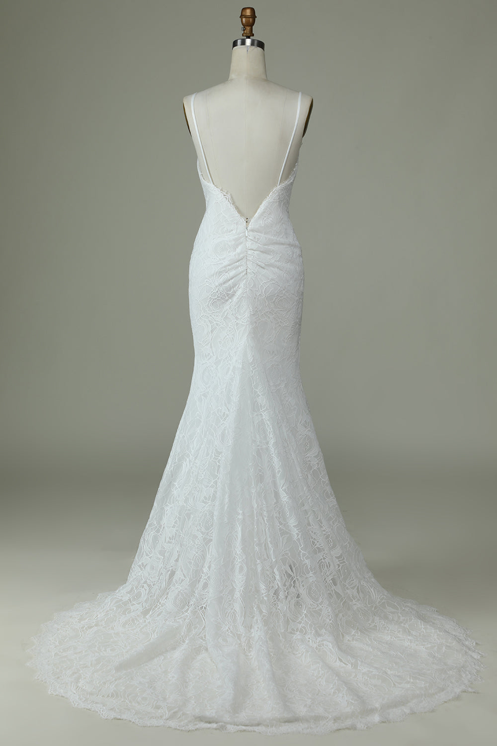 White Mermaid Spaghetti Straps Backless Wedding Dress with Lace V-neck