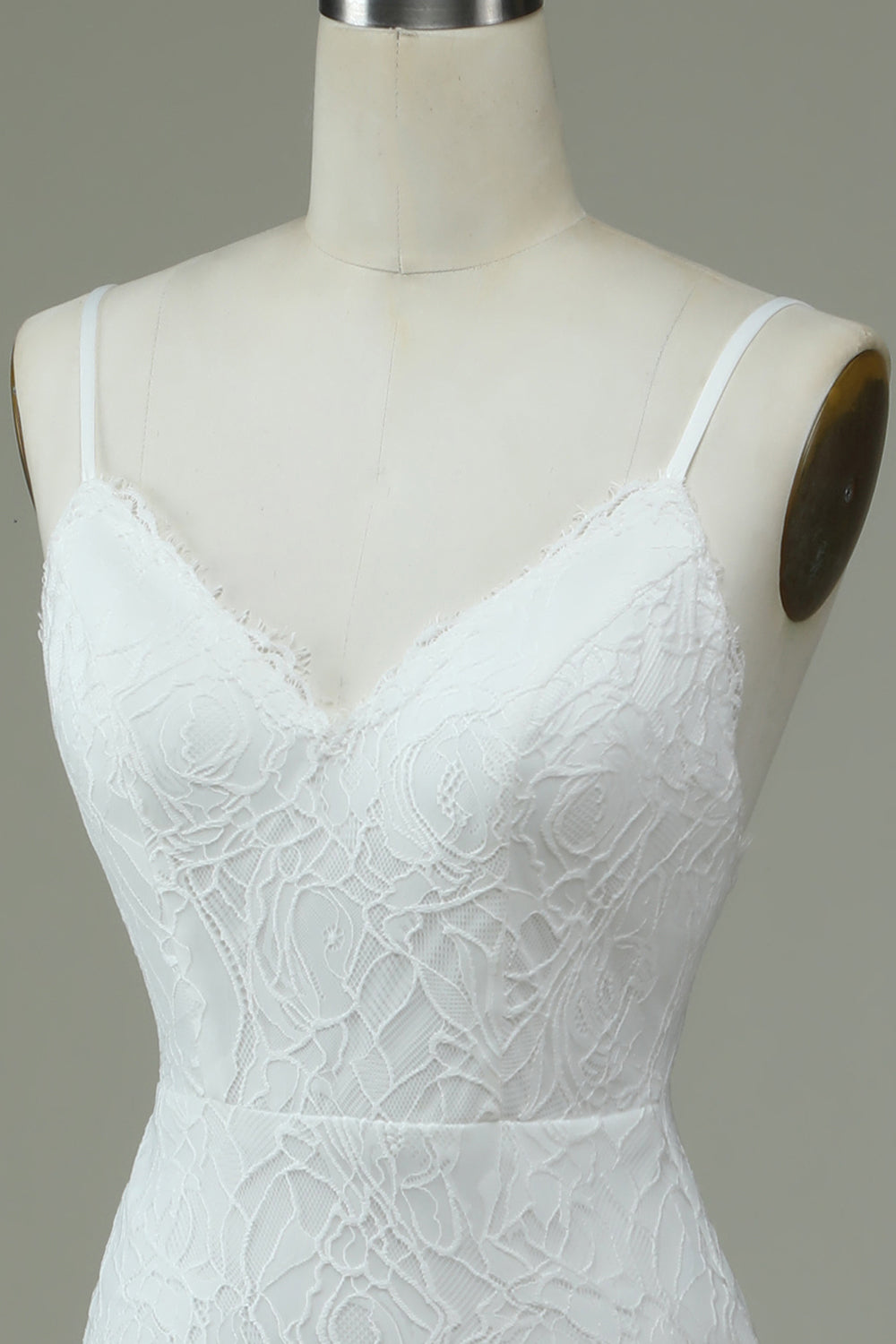 White Mermaid Spaghetti Straps Backless Wedding Dress with Lace V-neck