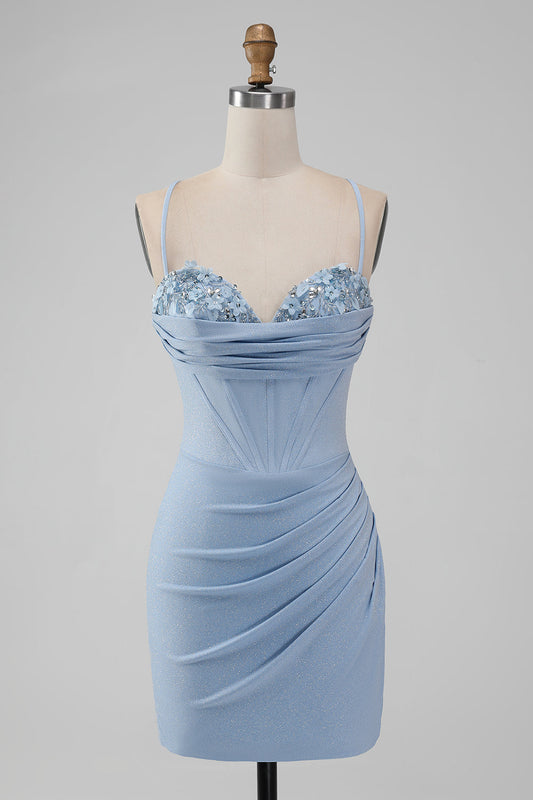 Light Blue Bodycon Spaghetti Straps Corset Short Homecoming Dress With Flowers