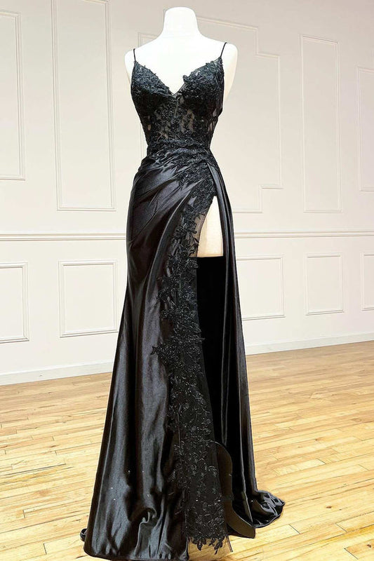 Sheath Black Long Appliques Prom Dress Sexy Evening Dresses With Slit