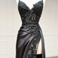 Sheath Black Long Appliques Prom Dress Sexy Evening Dresses With Slit