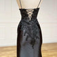 Sheath Black Long Appliques Prom Dress Sexy Evening Dresses With Slit
