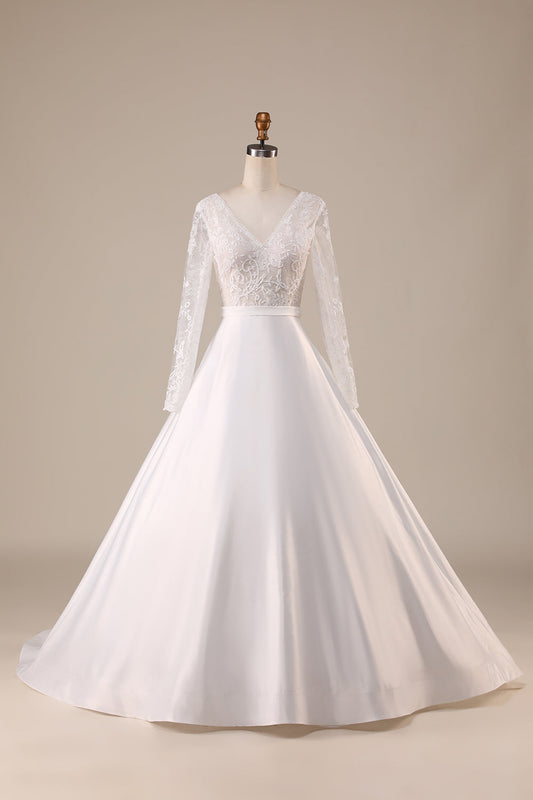 Ivory A Line Tulle Backless Wedding Dress with Long Sleeves V-neck