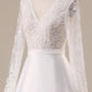 Ivory A Line Tulle Backless Wedding Dress with Long Sleeves V-neck