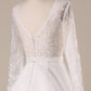 Ivory A Line Tulle Backless Wedding Dress with Long Sleeves V-neck