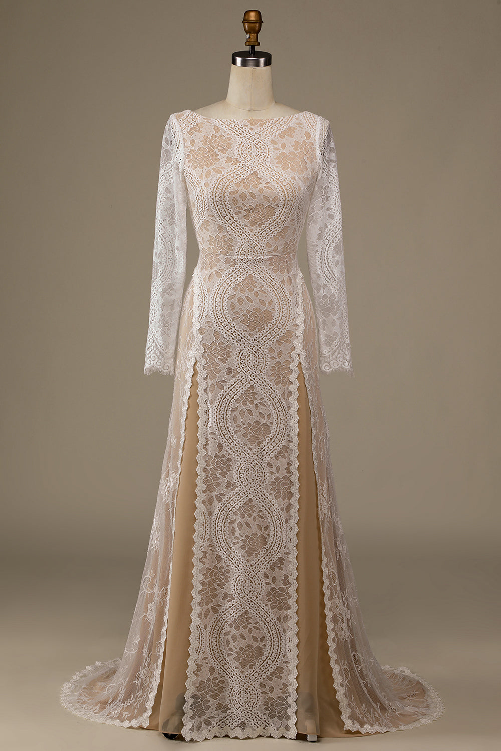 Champagne Long Sleeves Sweep Train Wedding Dress with Lace Open Back