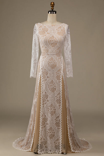 Champagne Long Sleeves Sweep Train Wedding Dress with Lace Open Back
