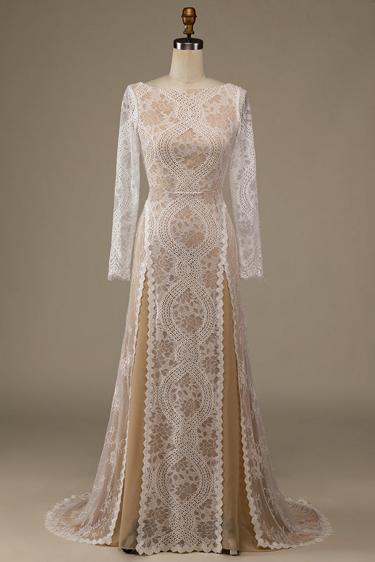 Champagne Long Sleeves Sweep Train Wedding Dress with Lace Open Back