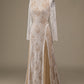 Champagne Long Sleeves Sweep Train Wedding Dress with Lace Open Back