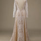 Champagne Long Sleeves Sweep Train Wedding Dress with Lace Open Back