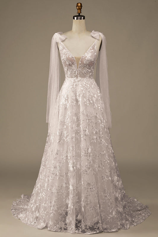 Ball-Gown/Princess Illusion Court Train Lace Wedding Dress with Bowknot Sexy