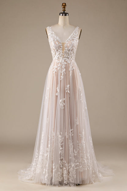 Ivory A Line V-Neck Backless Tulle Wedding Dress with Lace Open Back